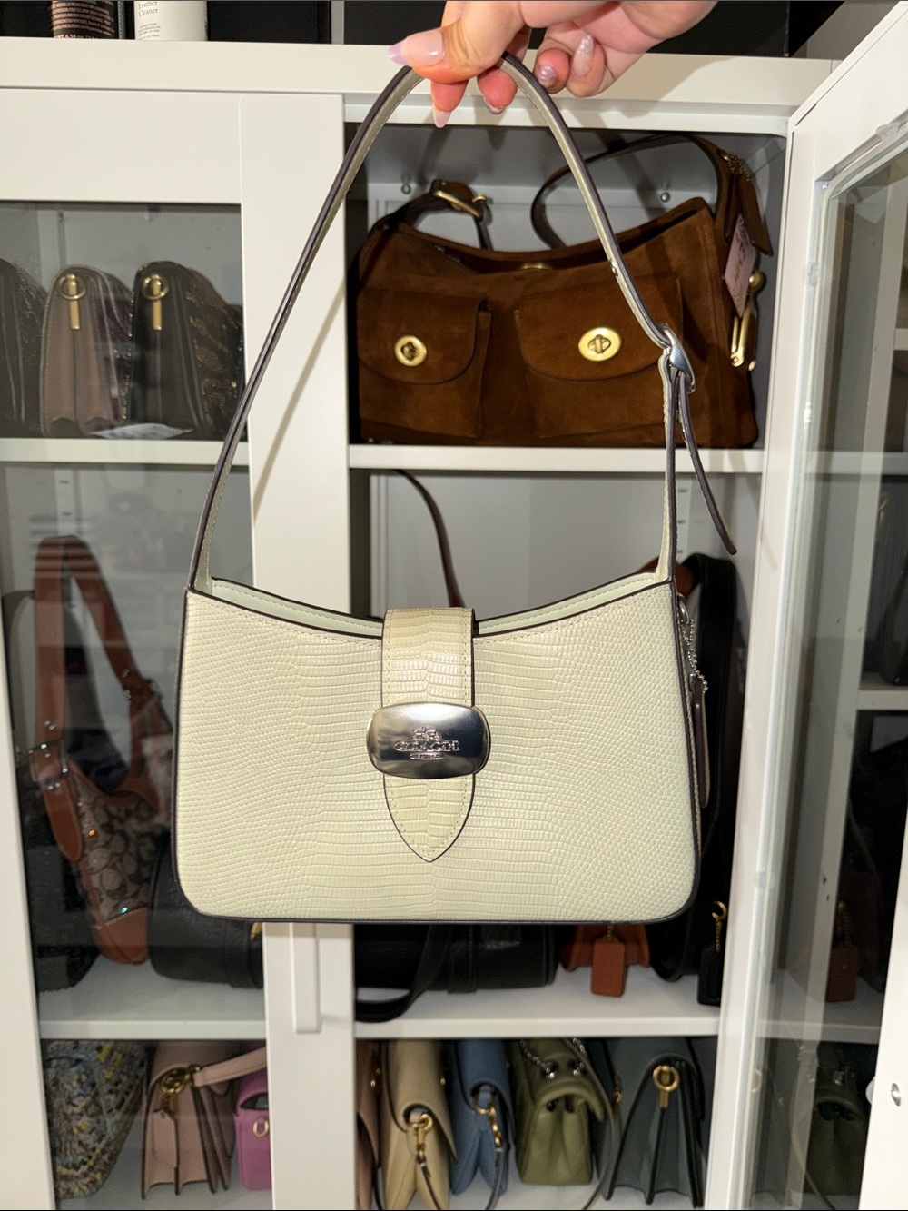 Cream Textured Shoulder Bag with Silver Accent